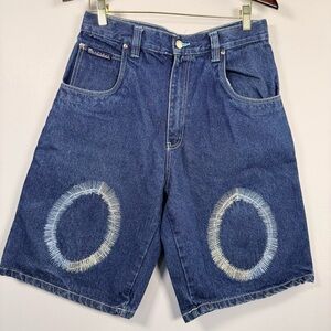 Y2K Merchant Jeans Co Men’s Jorts Denim Shorts 32 Embroidered Circles Baggy Long